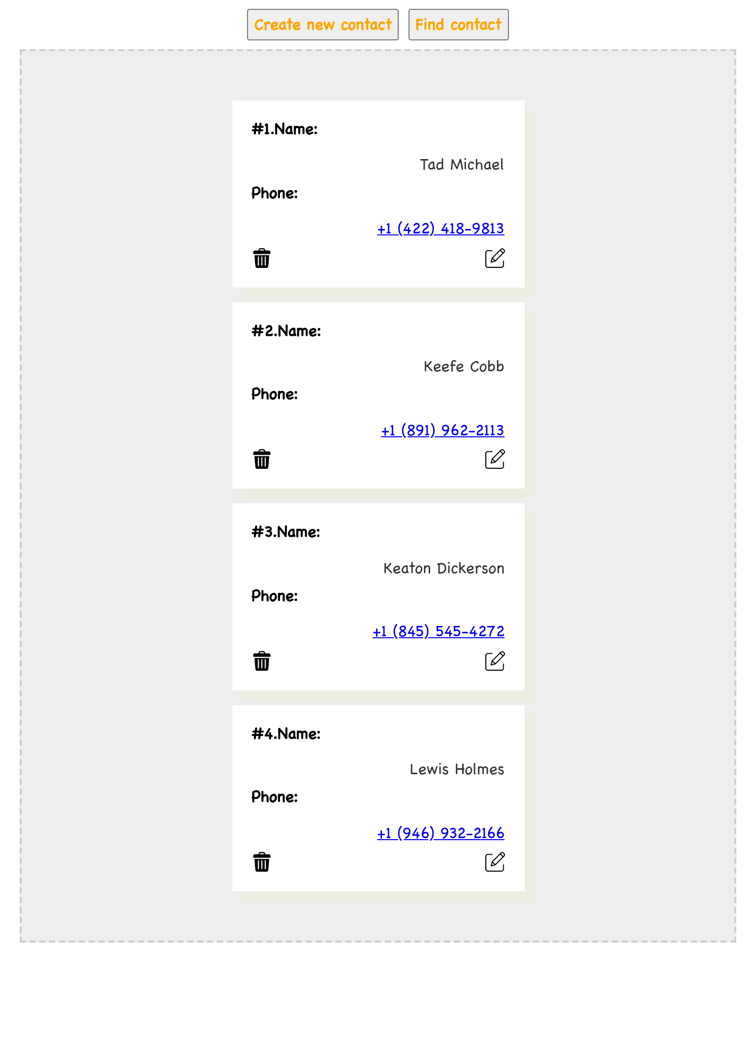 Phone Book contacts page